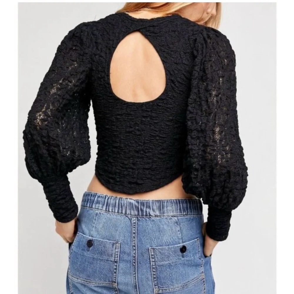 Free People Tea Time Blouse Women M Black Lace Open Back Puffed Sleeves Boho NWT